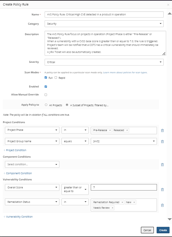 AVS Policy Rule: Critical/High CVE detected in a product in operation